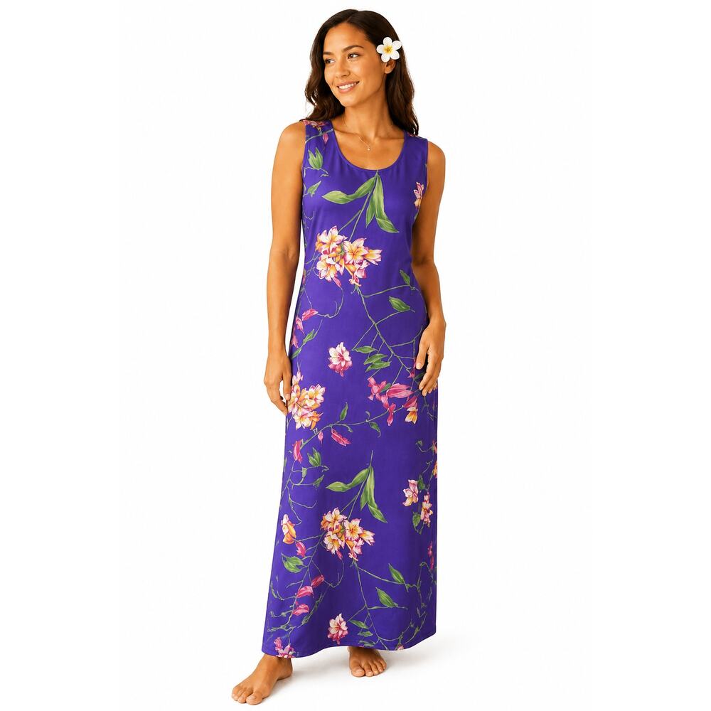 Island Girl Hawaii Purple Floral Midi Dress Made in USA Women's Medium Tropical